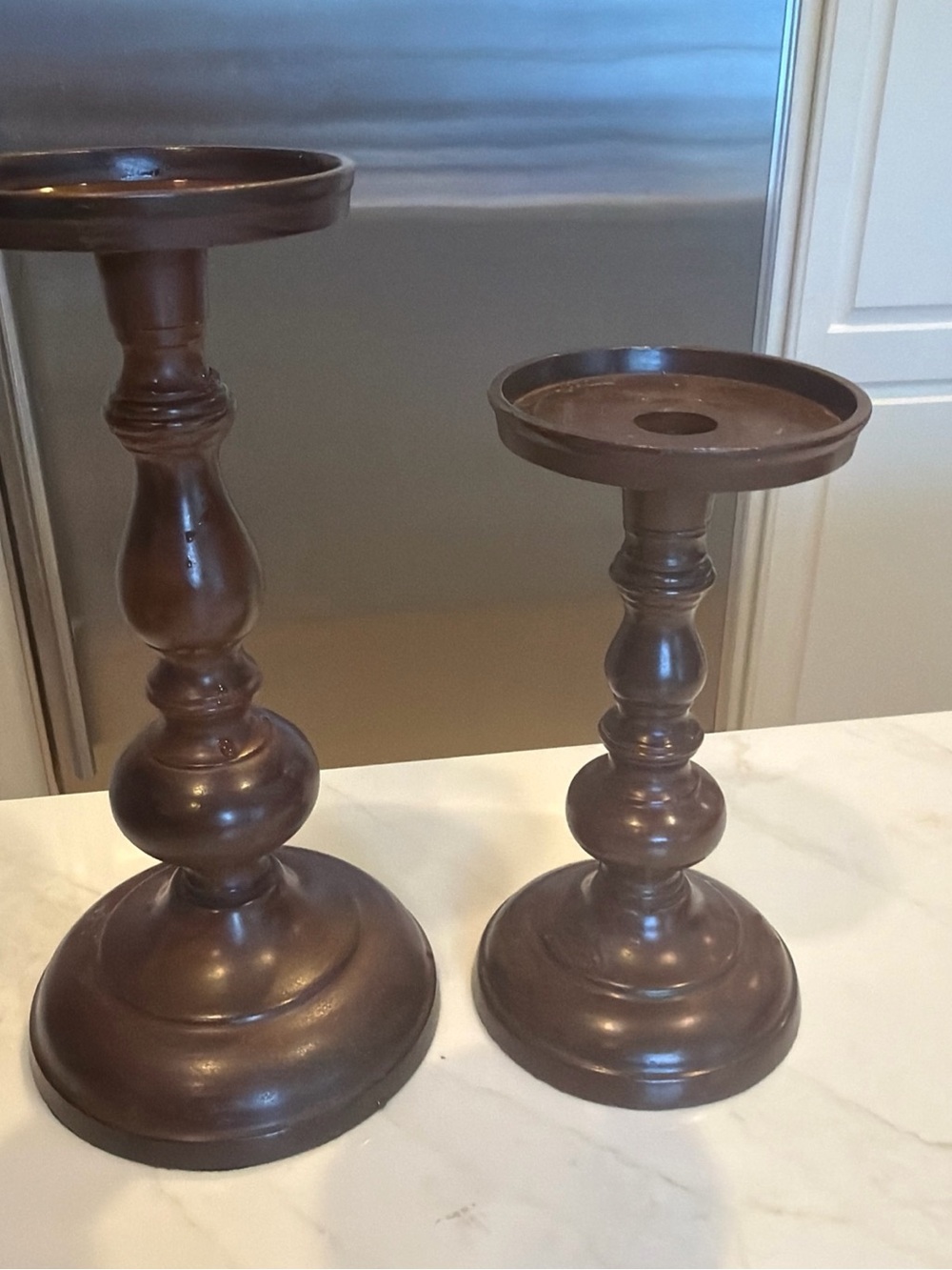 Pair Vintage Cast Metal Pillar Candle Holders Bronze Brown Pedestal Candlesticks